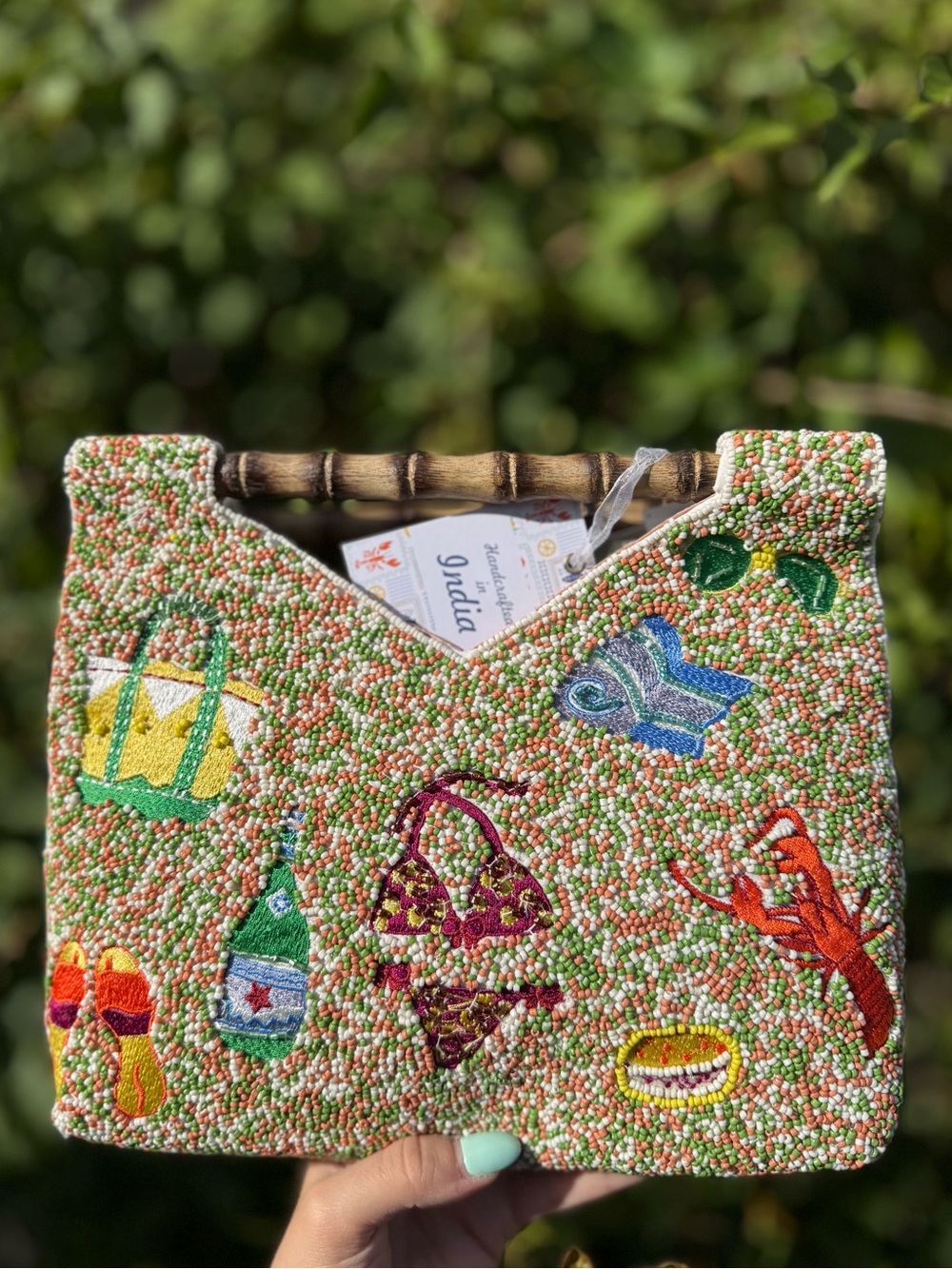 NWT Made in India Bathing Suit Beach Vacation Summer Wooden Handles Beaded Bag